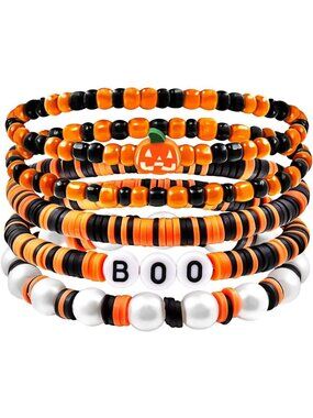Women's Orange Black Charm Beaded Stack Pumpkin Skeleton Halloween Bracelet